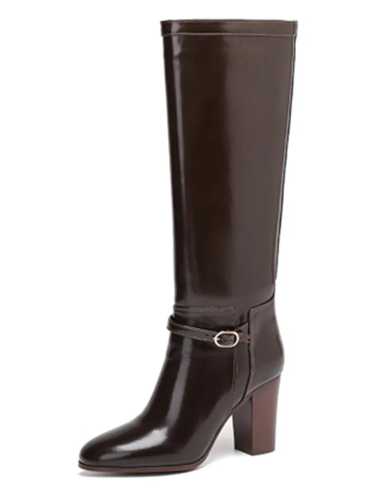 Women's Coarse High Heels Knee Length Women's Boots Round Head Fashion Women's Leather Boots 34-46 Large Medium Top Boots