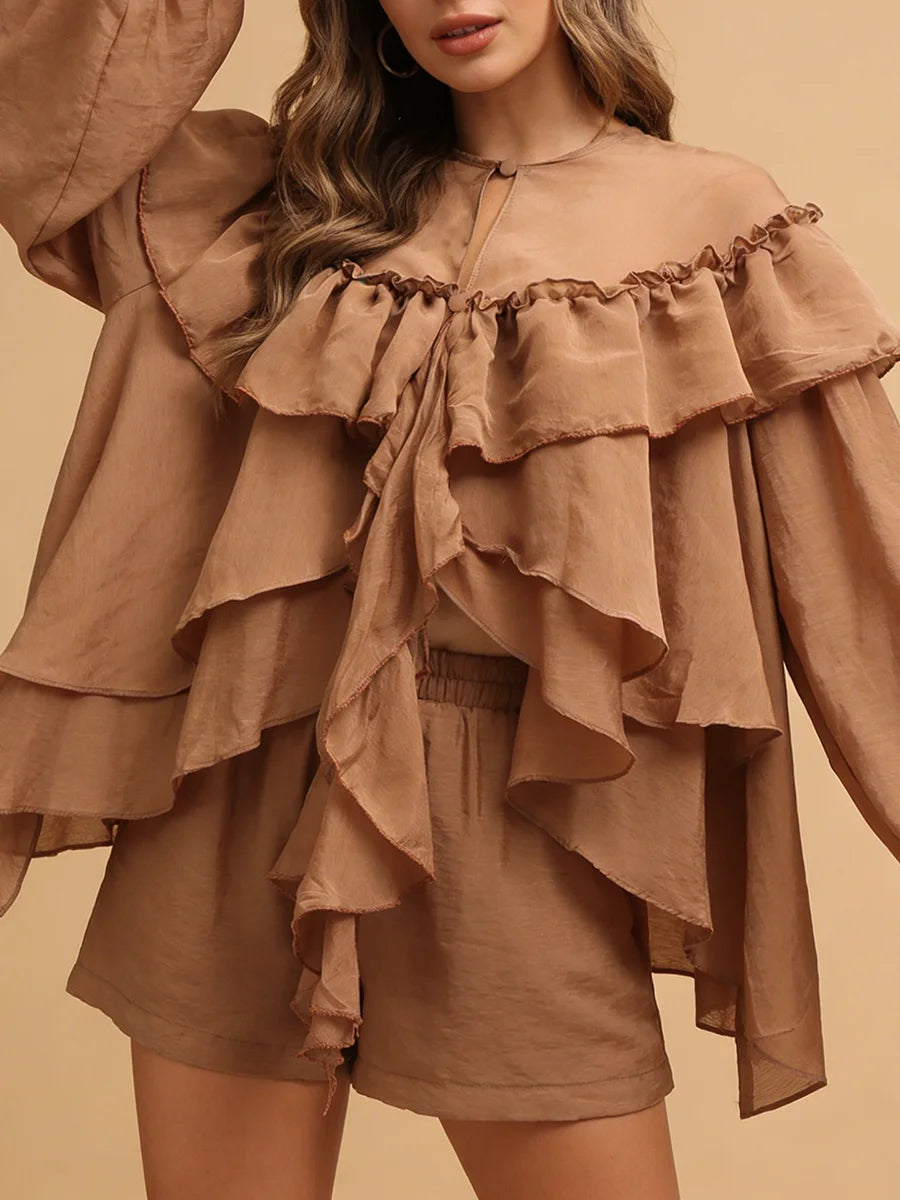 Gentle Fairy Style Loose Coffee Chiffon Blouse for Women Tiered Ruffle Accent Long Sleeve Pullover Design for Afternoon Tea