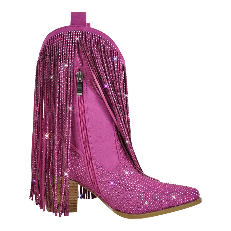 Female Rhinestone Fringe Mid-Calf Cowboy Boots Bling Party Big Size Women Boots
