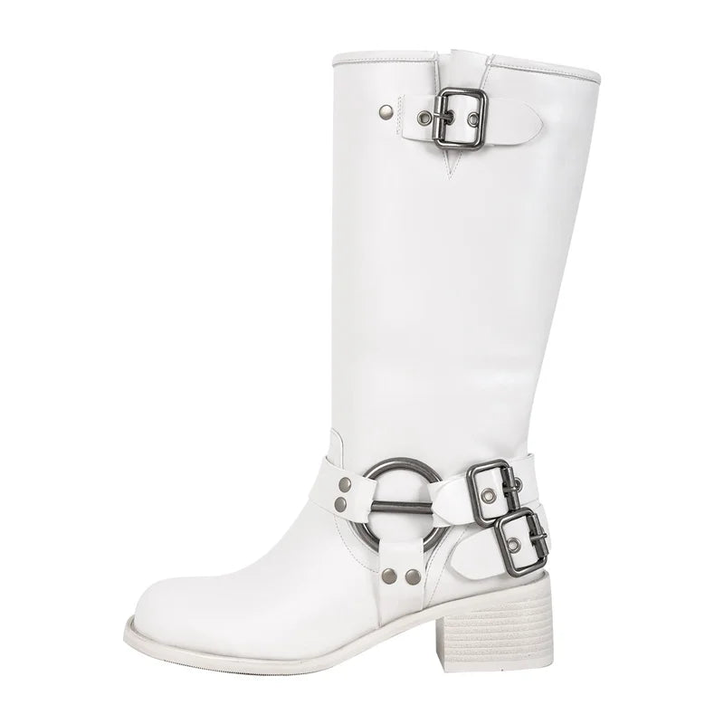 Onlymaker Women Gothic Black Round Toe Knee High Boots Heeled Metal Rivet Buckle Fashion 2023 Autumn Motorcycle Boots