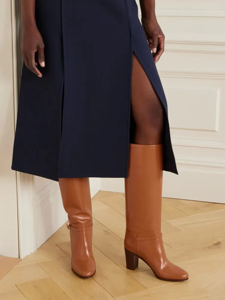 Women's Coarse High Heels Knee Length Women's Boots Round Head Fashion Women's Leather Boots 34-46 Large Medium Top Boots