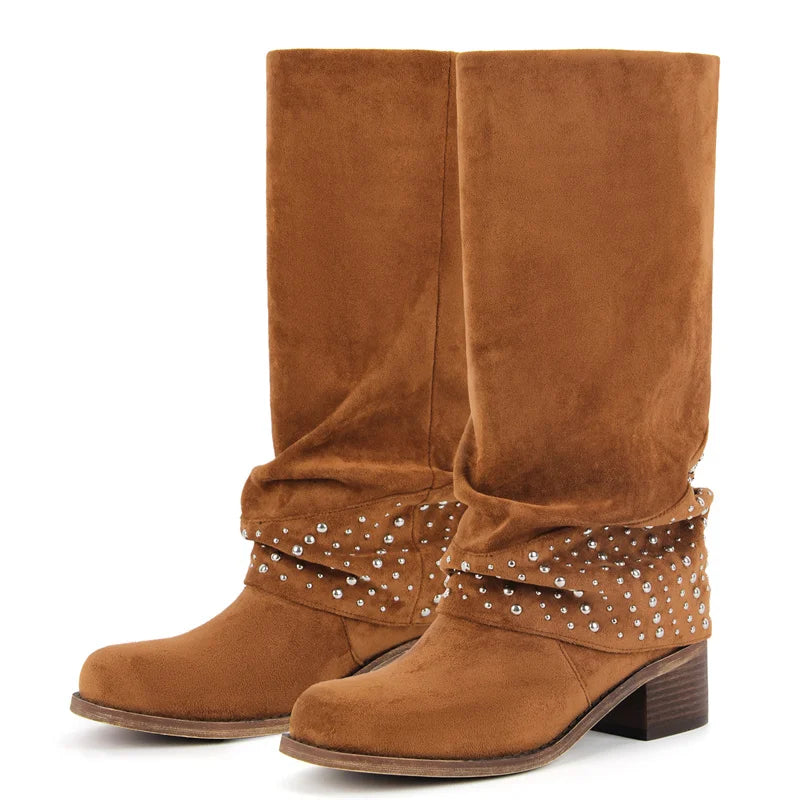 Onlymaker Women Round Toe Flock Knee High Boots Block Heel Fashion Fold Over Boots