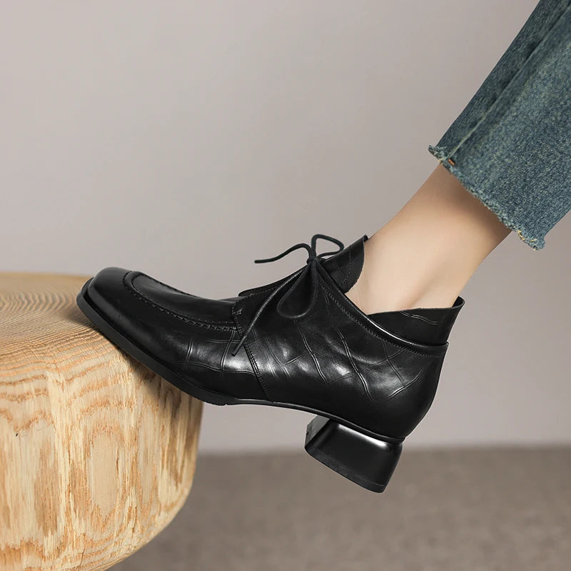 Women's Handmade Genuine Leather Shoes Medium Heel Comfort Retro Literature And Art Cross-tied Pumps Shoes 34-41