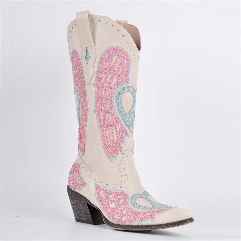 Onlymaker Women Pointed Toe Western Knee High Cowgirl Boots Embroidered Wide Calf  Chunky Block Heel Cowboy Boots