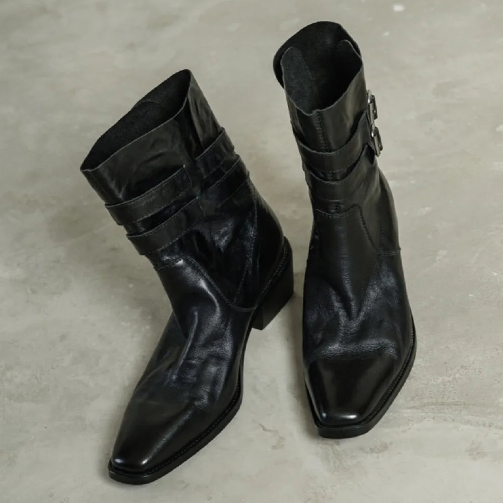 New Women Handmade Genuine Leather Soft and comfortable Ankle Boots Sexy Square Toe Mid Heels Casual 34-40