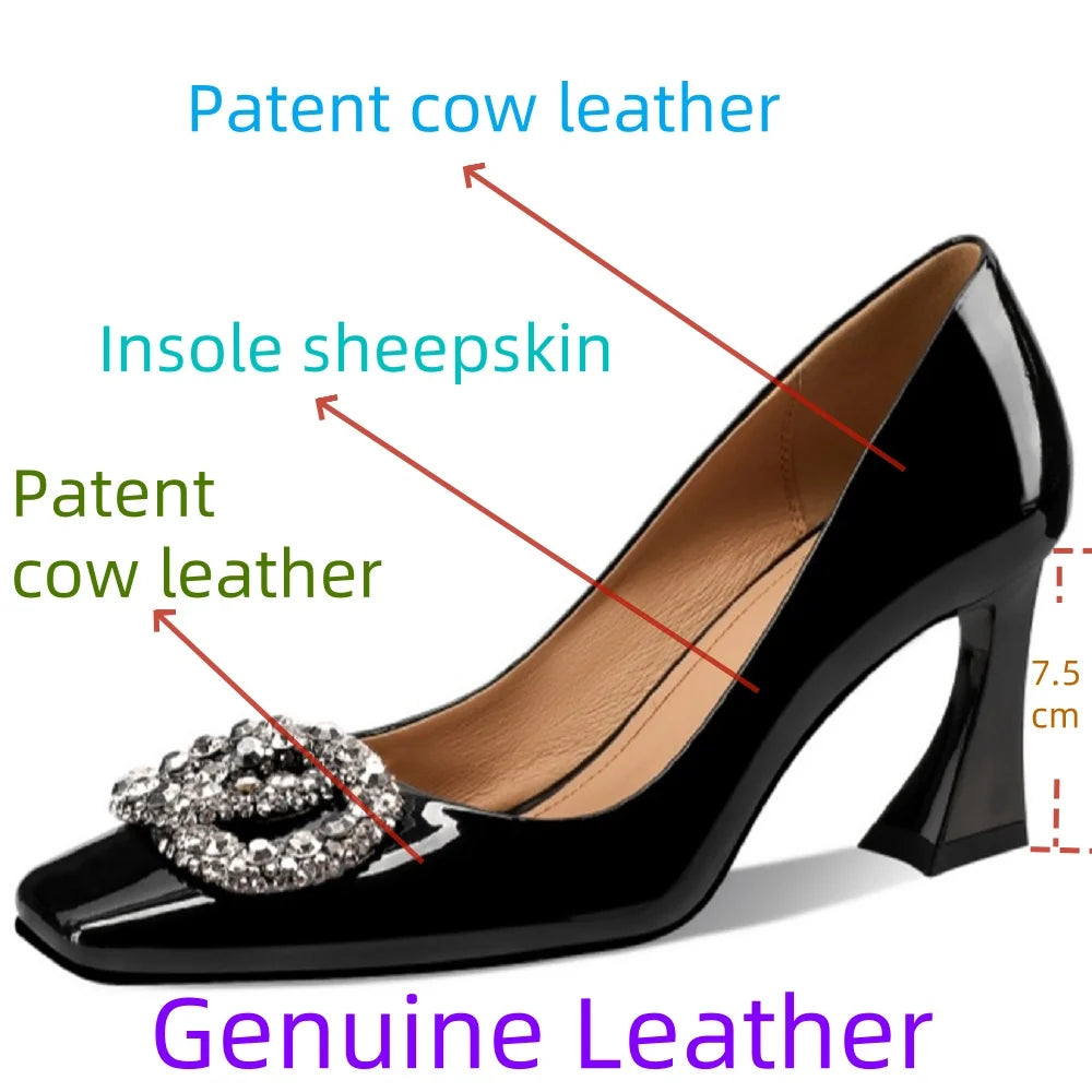 Women Handmade Genuine Leather Square Heel Sexy High Heels Wedding Shoe Ladies Round Toe Metal Buckle Party 33-43