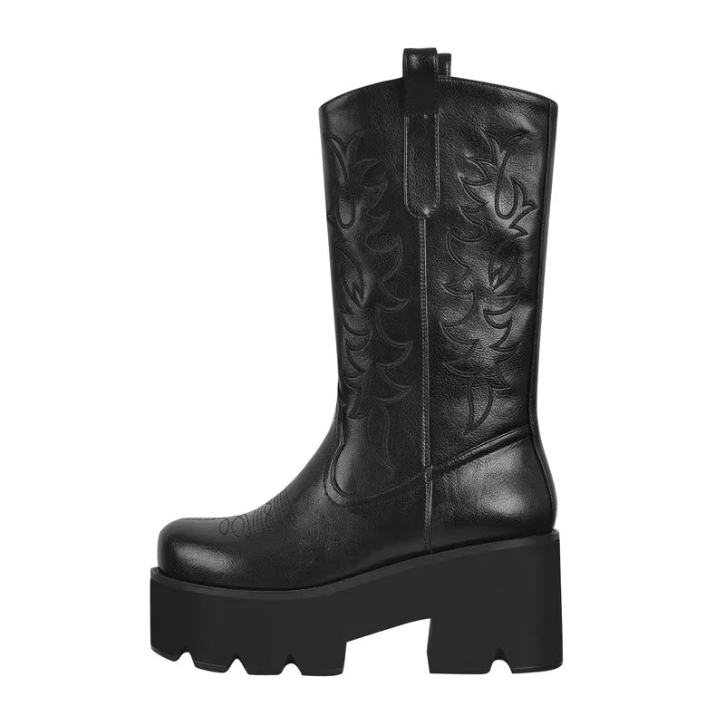 Women Platform  Mid Calf Boots Black Chunky High Heels  Big Size Lady Short Booties