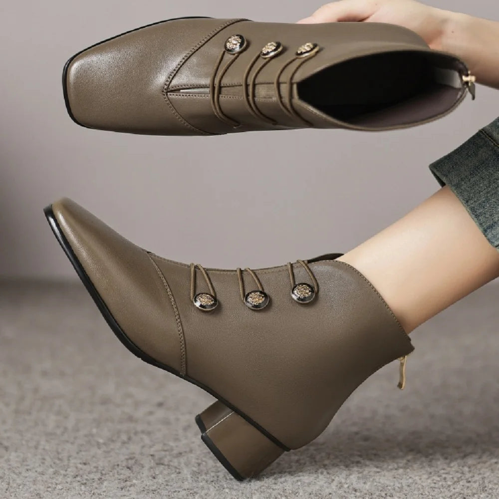 Women Handmade Genuine Leather Soft comfortable Ankle Boots Chunky Mid Heels designer Sexy Boots 34-40