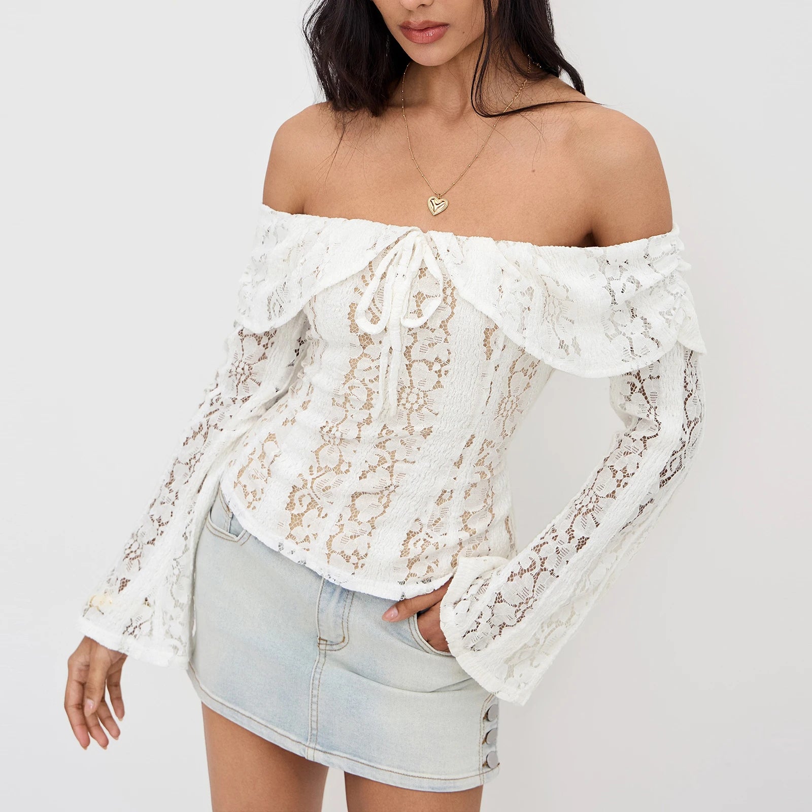 Elegant Women Off Shoulder Lace Tops Slim Fit Tie-up Long Flare Sleeve Backless Tee Shirts Trendy Blouse Streertwear
