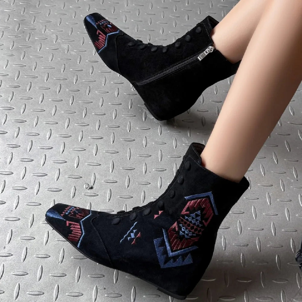 Handmade Genuine Leather Embroidered Boots Tube Low Heel Women Footwear Winter Season Square Toe Slope Heel 33-40