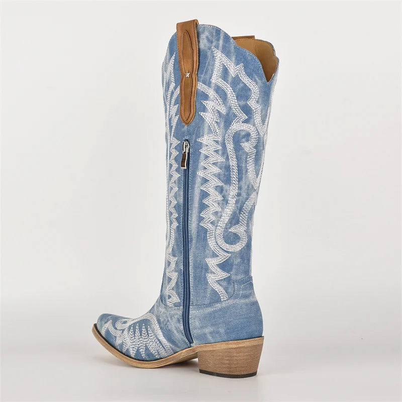 Onlymaker Women Denim Embroidery Knee High Western Boots Mid Calf   Cowboy Boots Retro Side Zipper Embroidered Western Boots