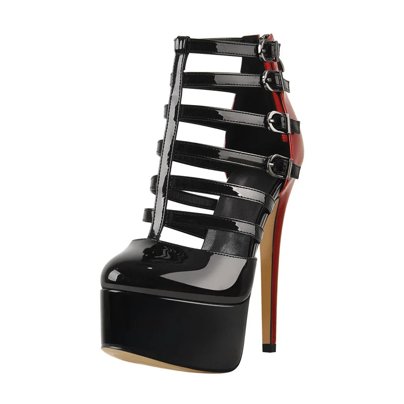 Brand Women Platform Pumps Round Toe Hollow Ankle Buckle Thin High Black And Red Patent Leather Big Size Heels