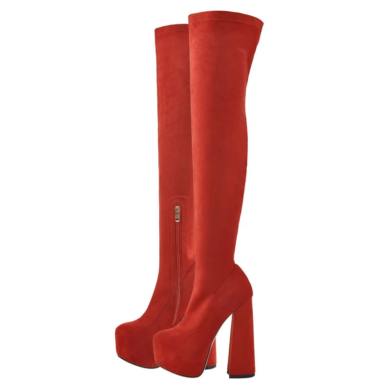 Onlymaker Women Over The Knee Boots Stretch Fabrics Platform Chunky High Heel Slip on Shoes Pointed Toe  Zipper Winter   Boots