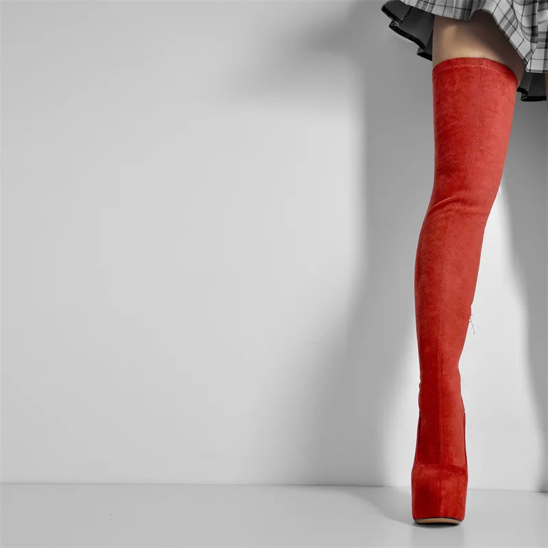 Onlymaker Women Over The Knee Boots Stretch Fabrics Platform Chunky High Heel Slip on Shoes Pointed Toe  Zipper Winter   Boots
