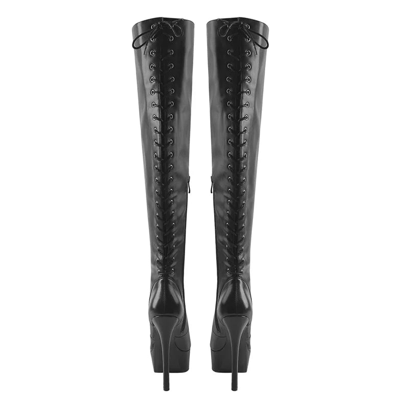 Onlymaker Lace Up Boots Platform Thin High Heel Knee High Shoes Matte Black Side Zipper Long Boots Big Size