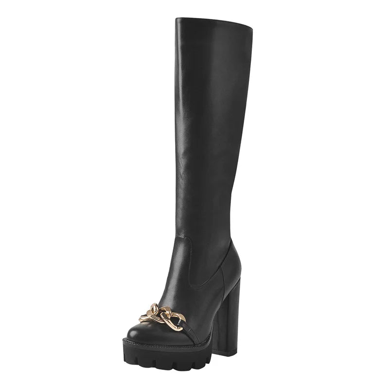 Onlymaker High Heel Boots Knee High Shoes Platform Metal Chain Matte Black Side Zipper Long Boots Big Size