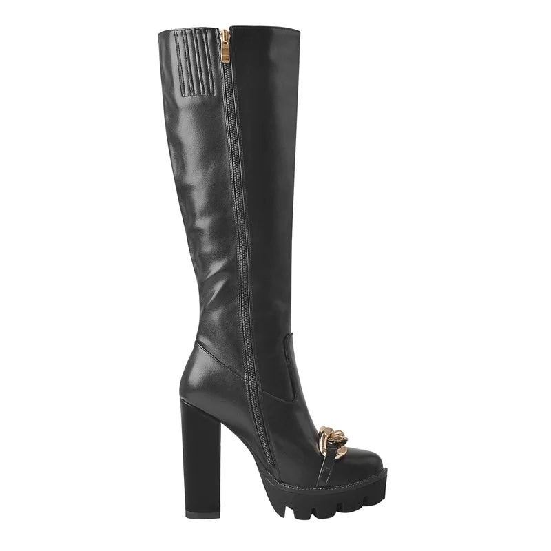 Onlymaker High Heel Boots Knee High Shoes Platform Metal Chain Matte Black Side Zipper Long Boots Big Size