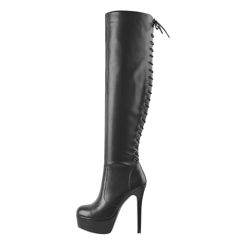 Onlymaker Lace Up Boots Platform Thin High Heel Knee High Shoes Matte Black Side Zipper Long Boots Big Size