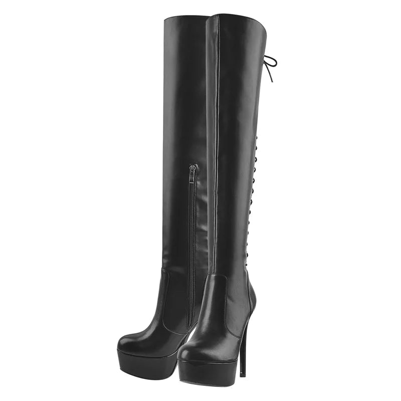 Onlymaker Lace Up Boots Platform Thin High Heel Knee High Shoes Matte Black Side Zipper Long Boots Big Size