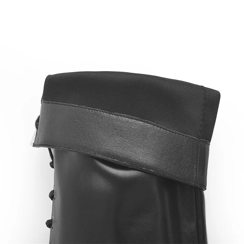 Onlymaker Lace Up Boots Platform Thin High Heel Knee High Shoes Matte Black Side Zipper Long Boots Big Size