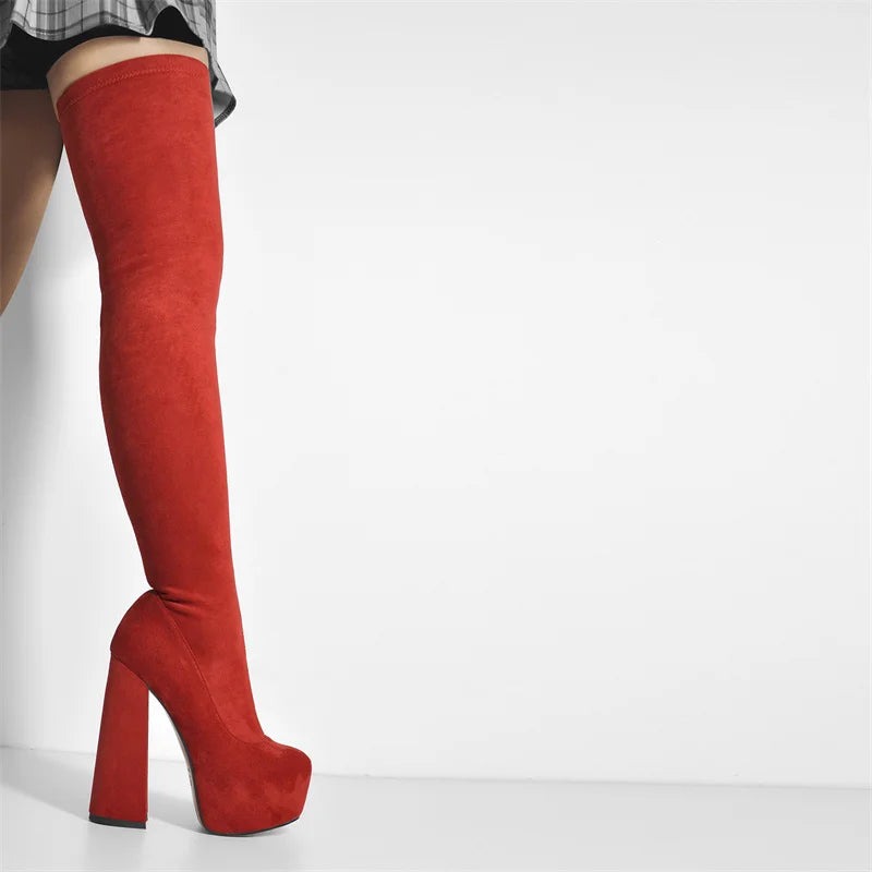 Onlymaker Women Over The Knee Boots Stretch Fabrics Platform Chunky High Heel Slip on Shoes Pointed Toe  Zipper Winter   Boots