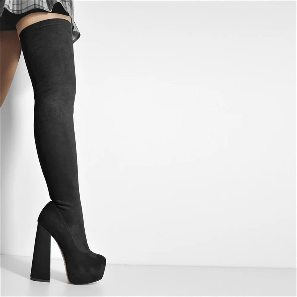 Onlymaker Women Over The Knee Boots Stretch Fabrics Platform Chunky High Heel Slip on Shoes Pointed Toe  Zipper Winter   Boots