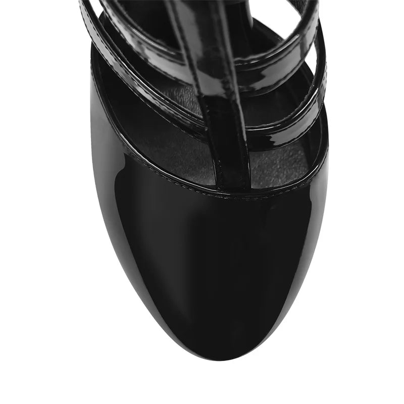 Brand Women Platform Pumps Round Toe Hollow Ankle Buckle Thin High Black And Red Patent Leather Big Size Heels
